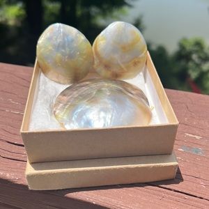 Beautiful polished shell belt buckle and earrings